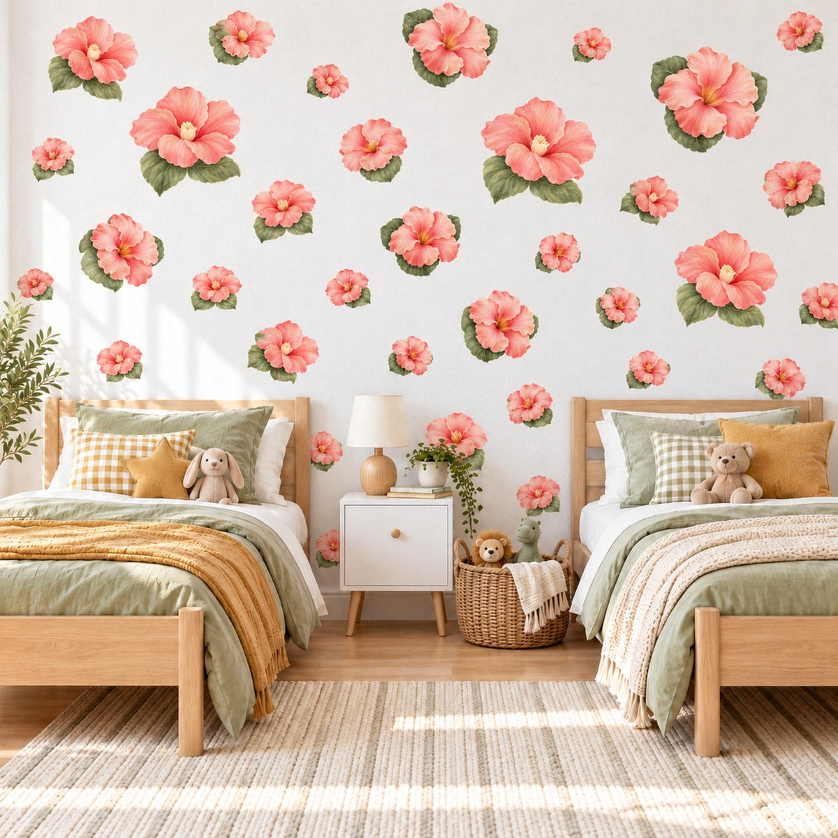 Hibiscus Wall Stickers, Tropical Flower Nursery Decor, Coral Pink Floral Wall Decals, Peach Olive Girls Room Peel and Stick Wall Art