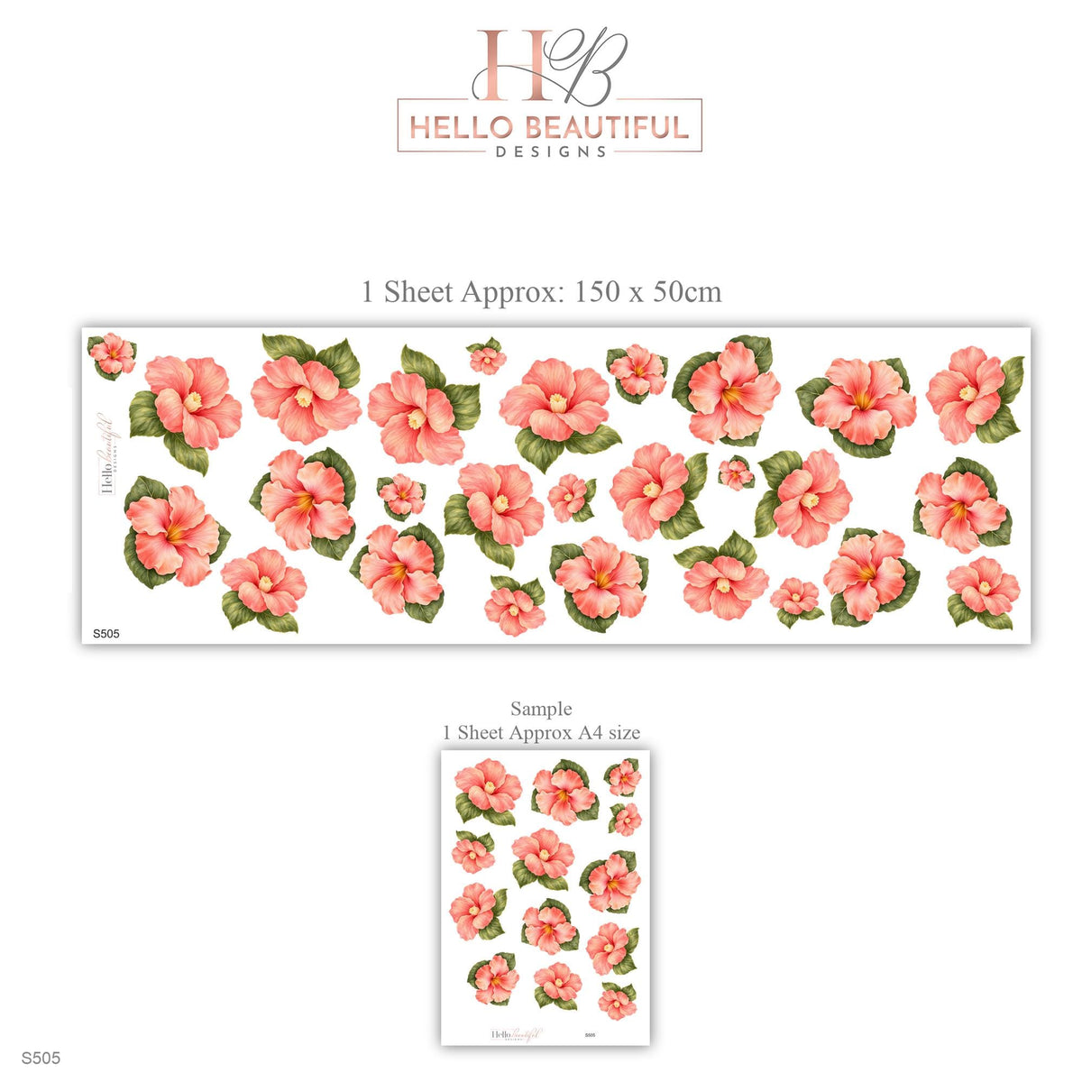 Hibiscus Wall Stickers, Tropical Flower Nursery Decor, Coral Pink Floral Wall Decals, Peach Olive Girls Room Peel and Stick Wall Art