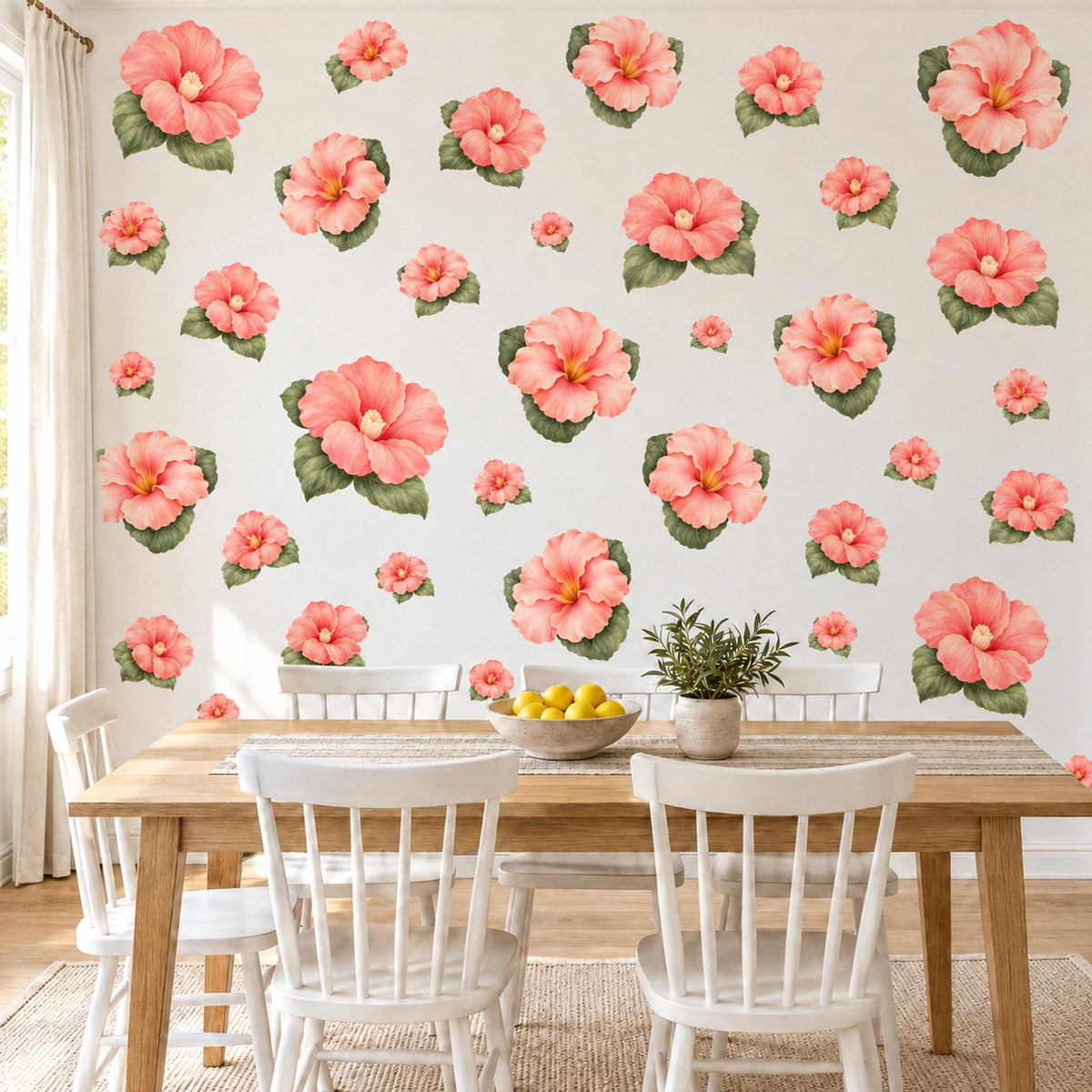 Hibiscus Wall Stickers, Tropical Flower Nursery Decor, Coral Pink Floral Wall Decals, Peach Olive Girls Room Peel and Stick Wall Art