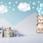 Teddy Bear Floating with Pink Balloons, Clouds and Stars, Reusable Nursery Wall Sticker Set