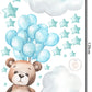 Teddy Bear Floating with Pink Balloons, Clouds and Stars, Reusable Nursery Wall Sticker Set