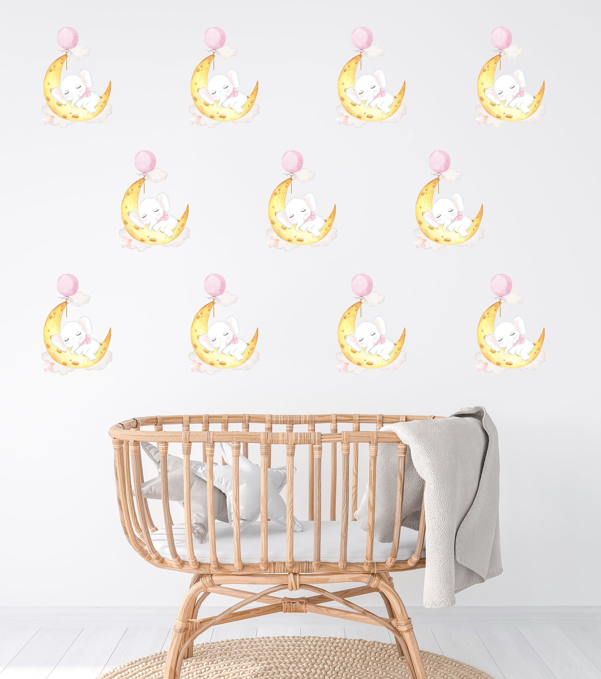 Sleeping Elephant on Moon Wall Stickers, Nursery Wall Stickers, Moon Wall Decals, Baby Elephant Decoration, Children's Bedroom Art, Nursery