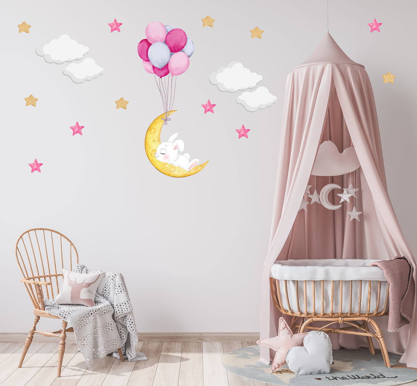 Cute Sleeping White Bunny Asleep on Moon, Reusable Nursery Wall Stickers, Children's Bedroom Wall Decor