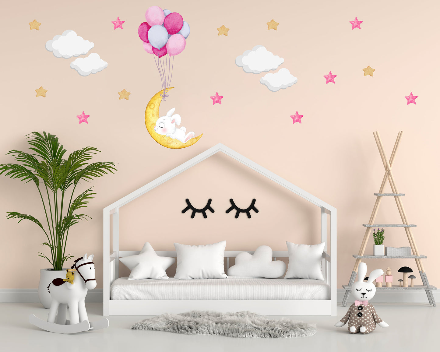 Cute Sleeping White Bunny Asleep on Moon, Reusable Nursery Wall Stickers, Children's Bedroom Wall Decor
