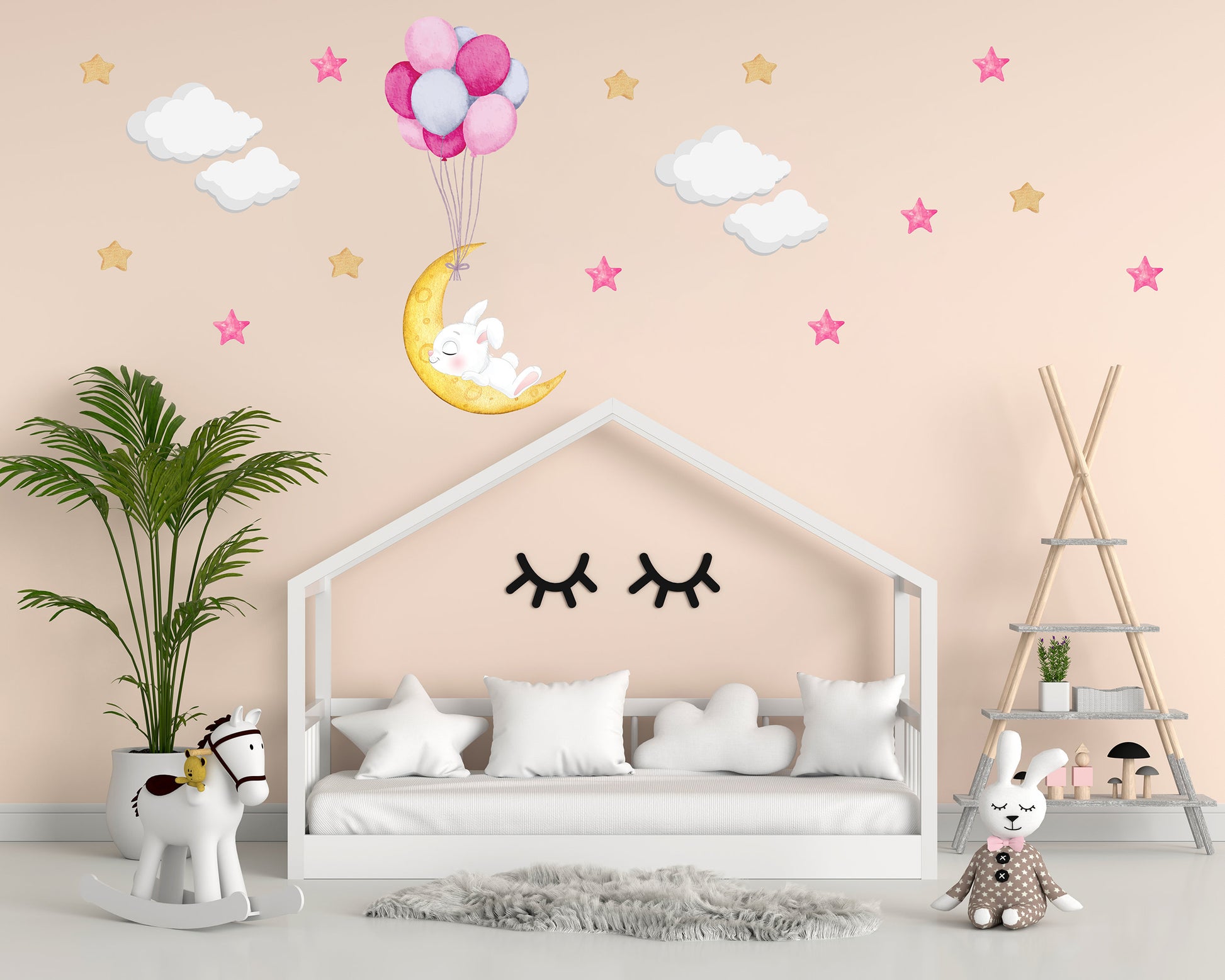 Cute Sleeping White Bunny Asleep on Moon, Reusable Nursery Wall Stickers, Children's Bedroom Wall Decor