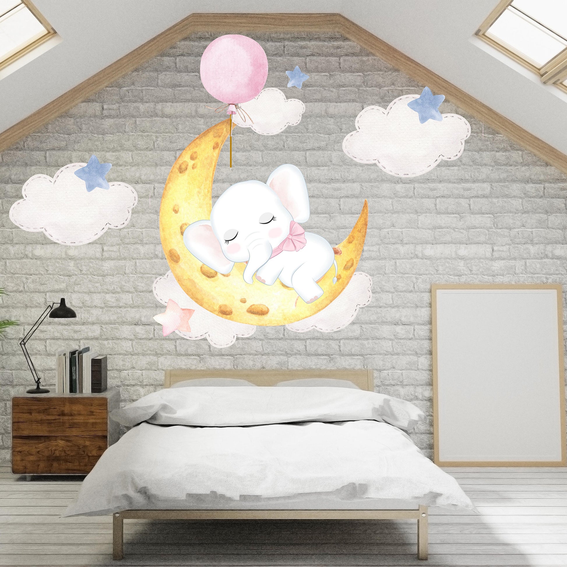 Sleeping Elephant on Moon Wall Sticker, Nursery Wall Stickers, Moon and Stars Wall Decals, Baby Elephant Decoration, Children's Bedroom Art