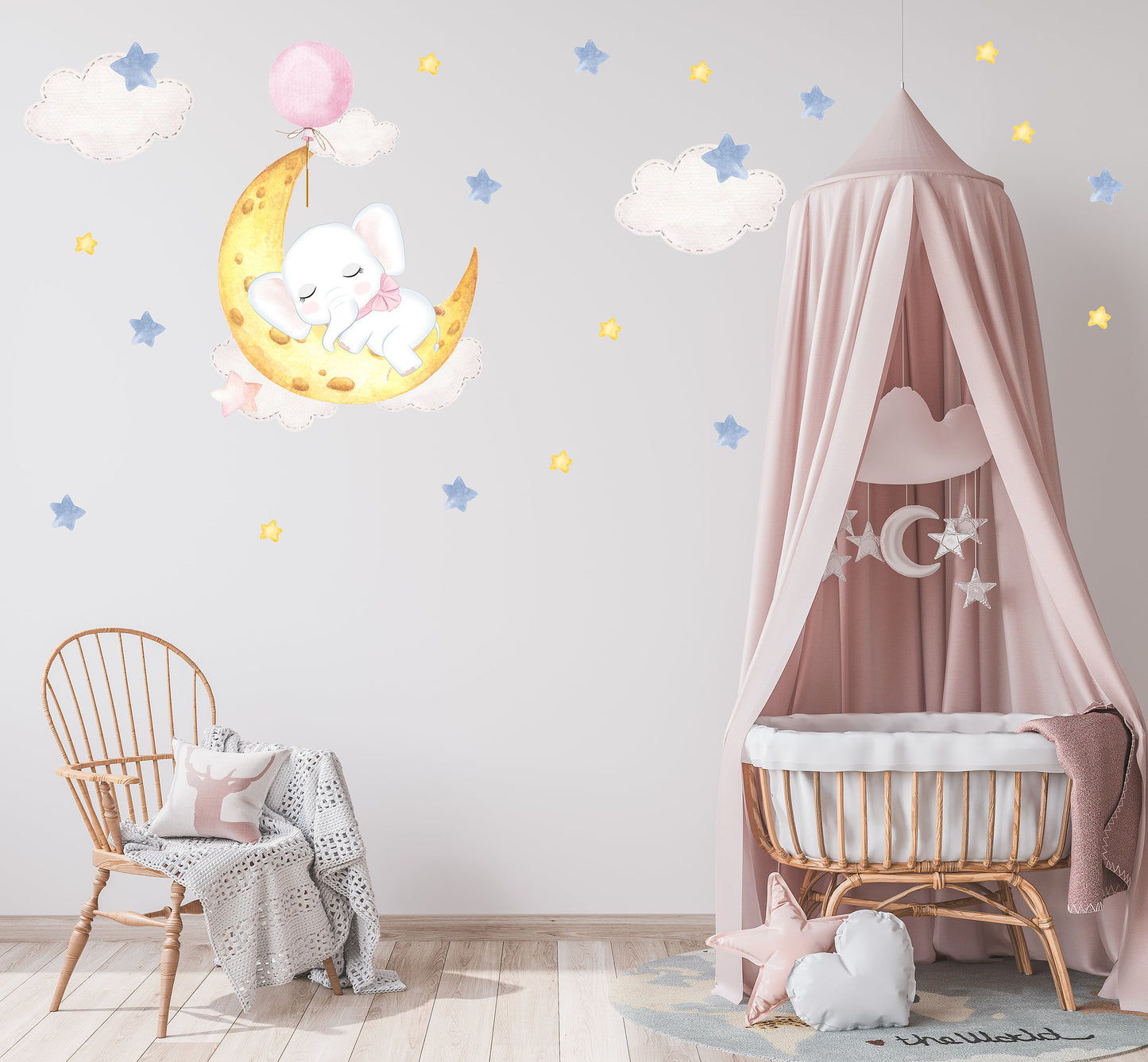 Sleeping Elephant on Moon Wall Sticker, Nursery Wall Stickers, Moon and Stars Wall Decals, Baby Elephant Decoration, Children's Bedroom Art