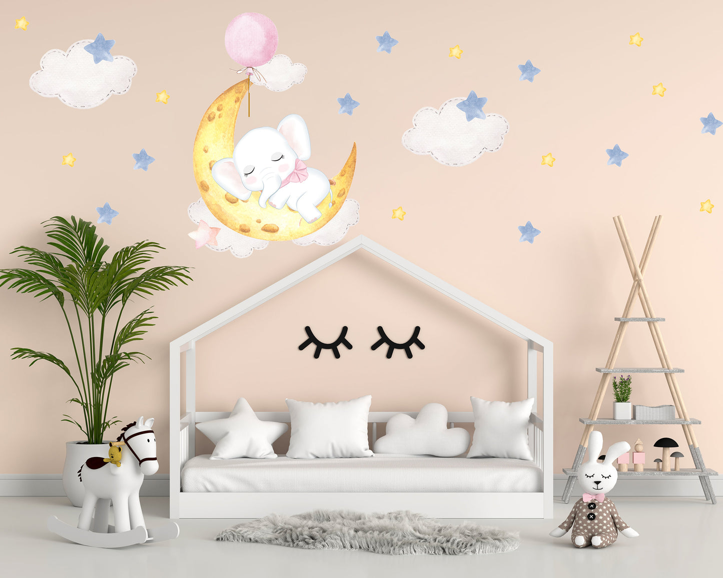 Sleeping Elephant on Moon Wall Sticker, Nursery Wall Stickers, Moon and Stars Wall Decals, Baby Elephant Decoration, Children's Bedroom Art