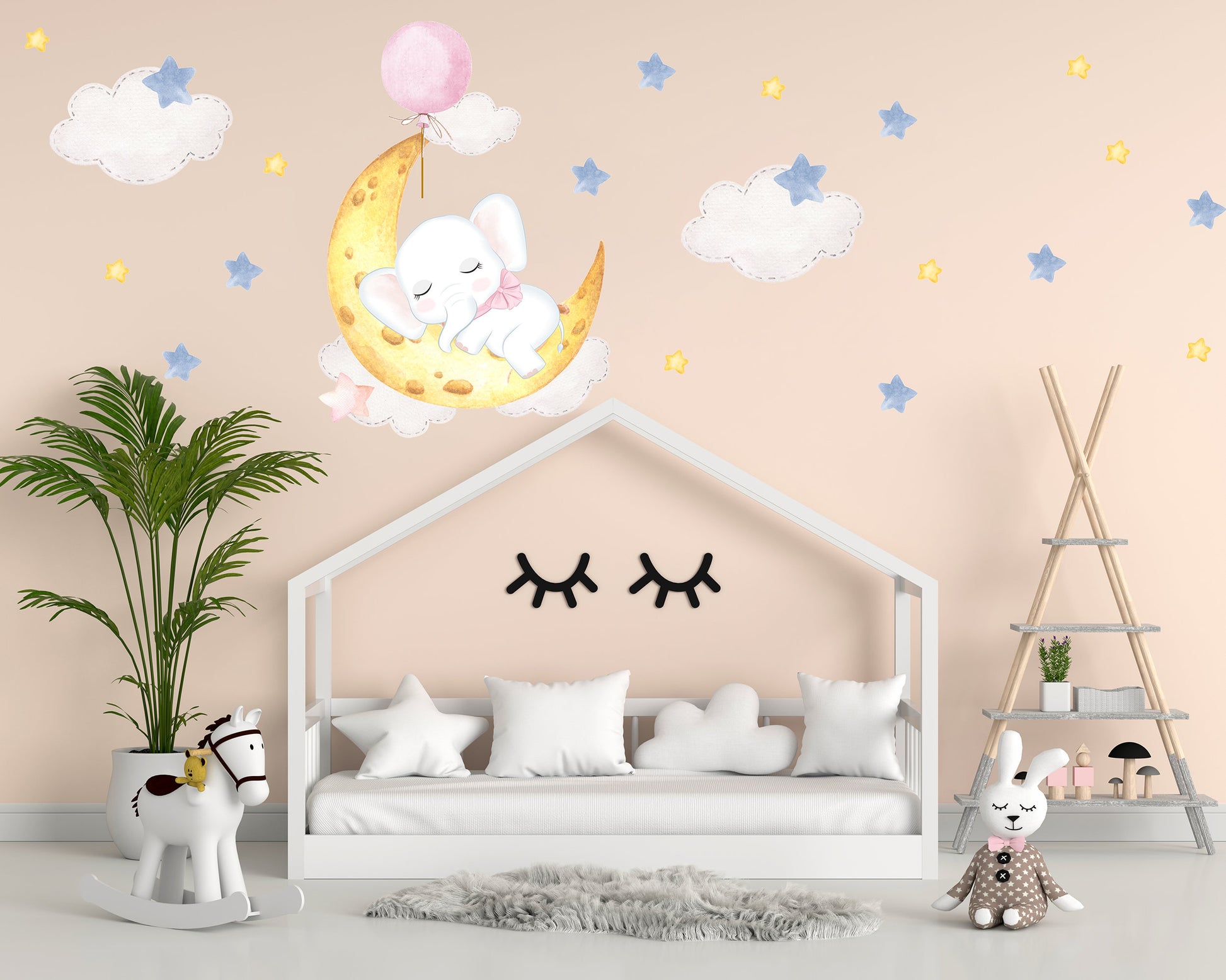 Sleeping Elephant on Moon Wall Sticker, Nursery Wall Stickers, Moon and Stars Wall Decals, Baby Elephant Decoration, Children's Bedroom Art