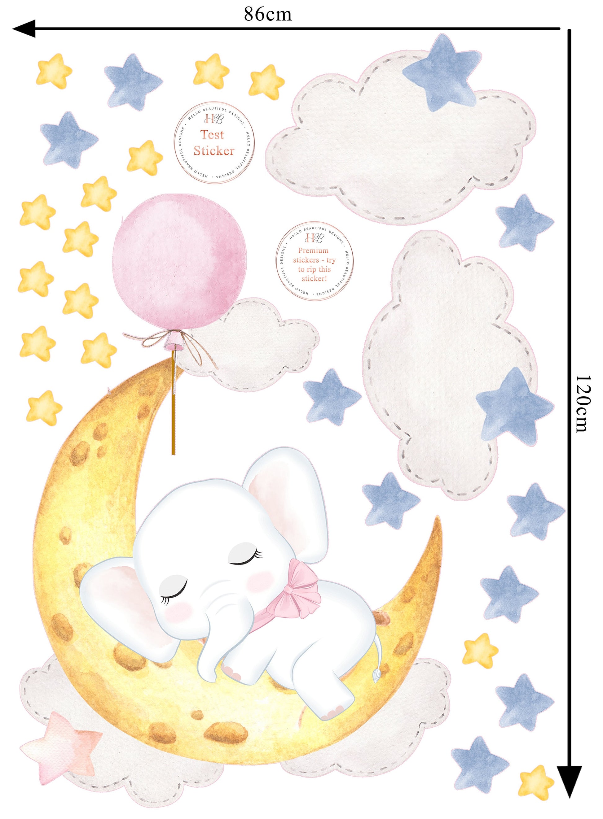 Sleeping Elephant on Moon Wall Sticker, Nursery Wall Stickers, Moon and Stars Wall Decals, Baby Elephant Decoration, Children's Bedroom Art