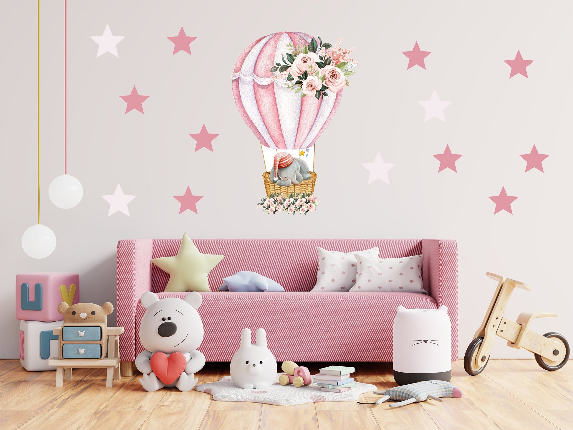 Deluxe Beautiful Sleeping Elephant in Pink Hot Air Balloon with Stars Nursery Wall Stickers