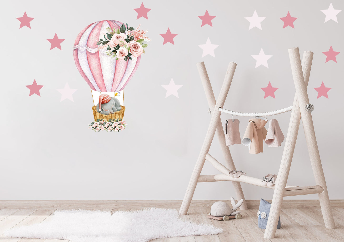Deluxe Beautiful Sleeping Elephant in Pink Hot Air Balloon with Stars Nursery Wall Stickers