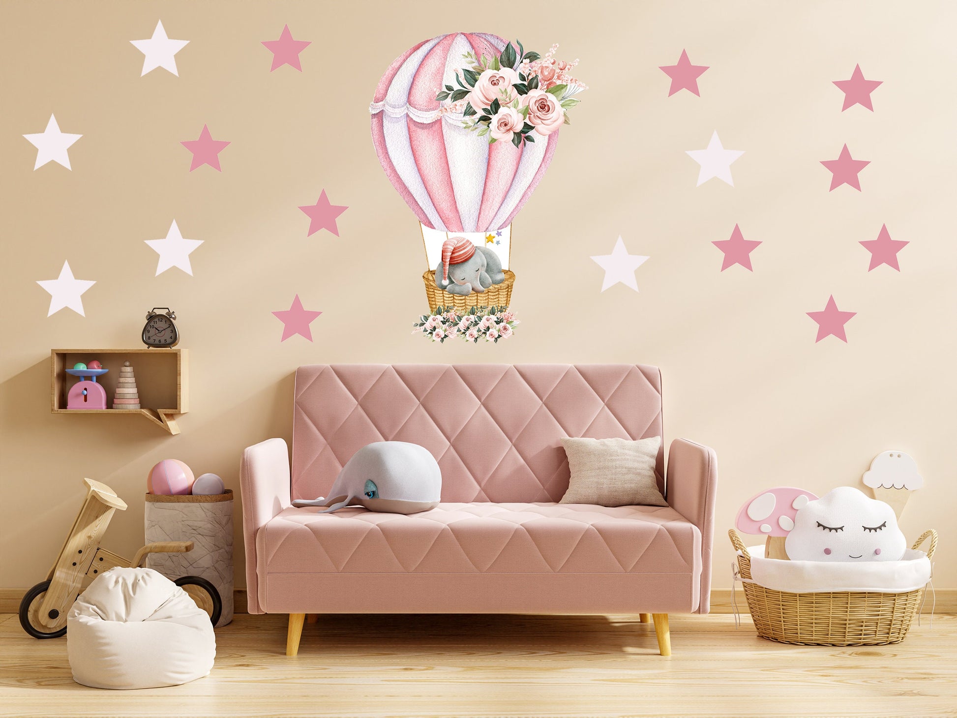 Deluxe Beautiful Sleeping Elephant in Pink Hot Air Balloon with Stars Nursery Wall Stickers