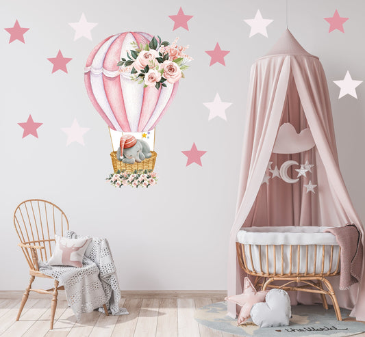 Deluxe Beautiful Sleeping Elephant in Pink Hot Air Balloon with Stars Nursery Wall Stickers