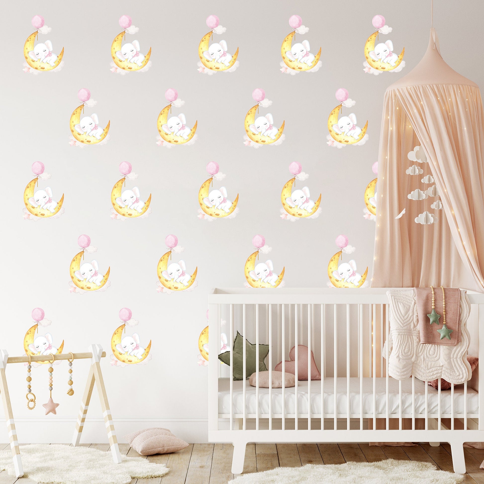 Sleeping Elephant on Moon Wall Stickers, Nursery Wall Stickers, Moon Wall Decals, Baby Elephant Decoration, Children's Bedroom Art, Nursery