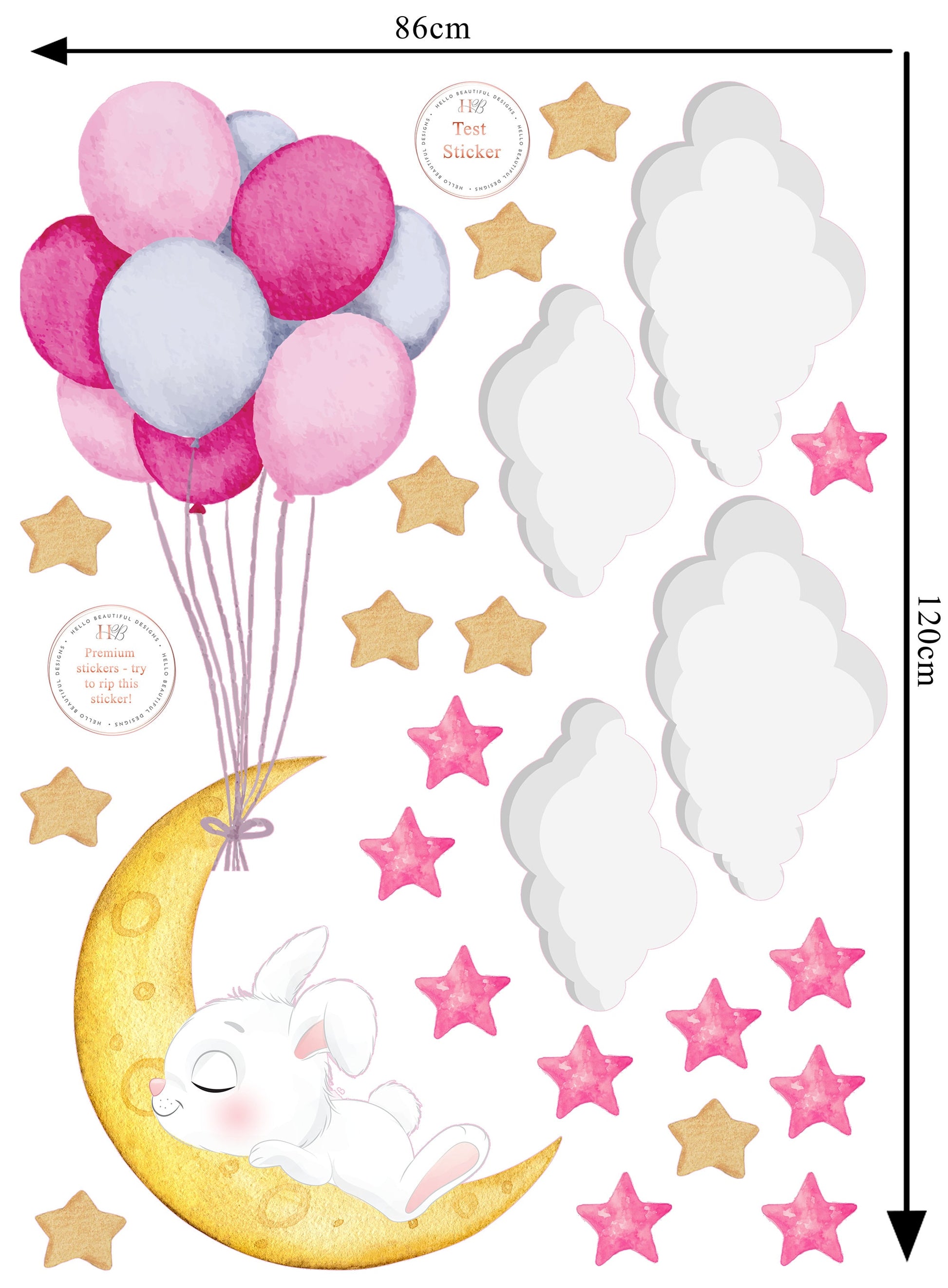 Cute Sleeping White Bunny Asleep on Moon, Reusable Nursery Wall Stickers, Children's Bedroom Wall Decor