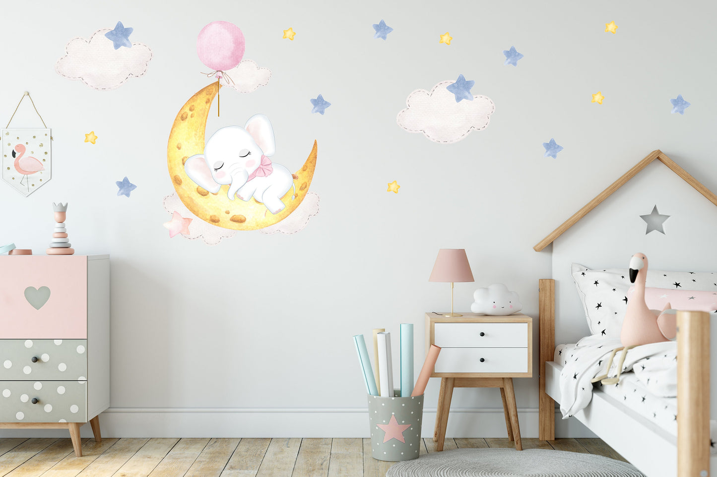 Sleeping Elephant on Moon Wall Sticker, Nursery Wall Stickers, Moon and Stars Wall Decals, Baby Elephant Decoration, Children's Bedroom Art