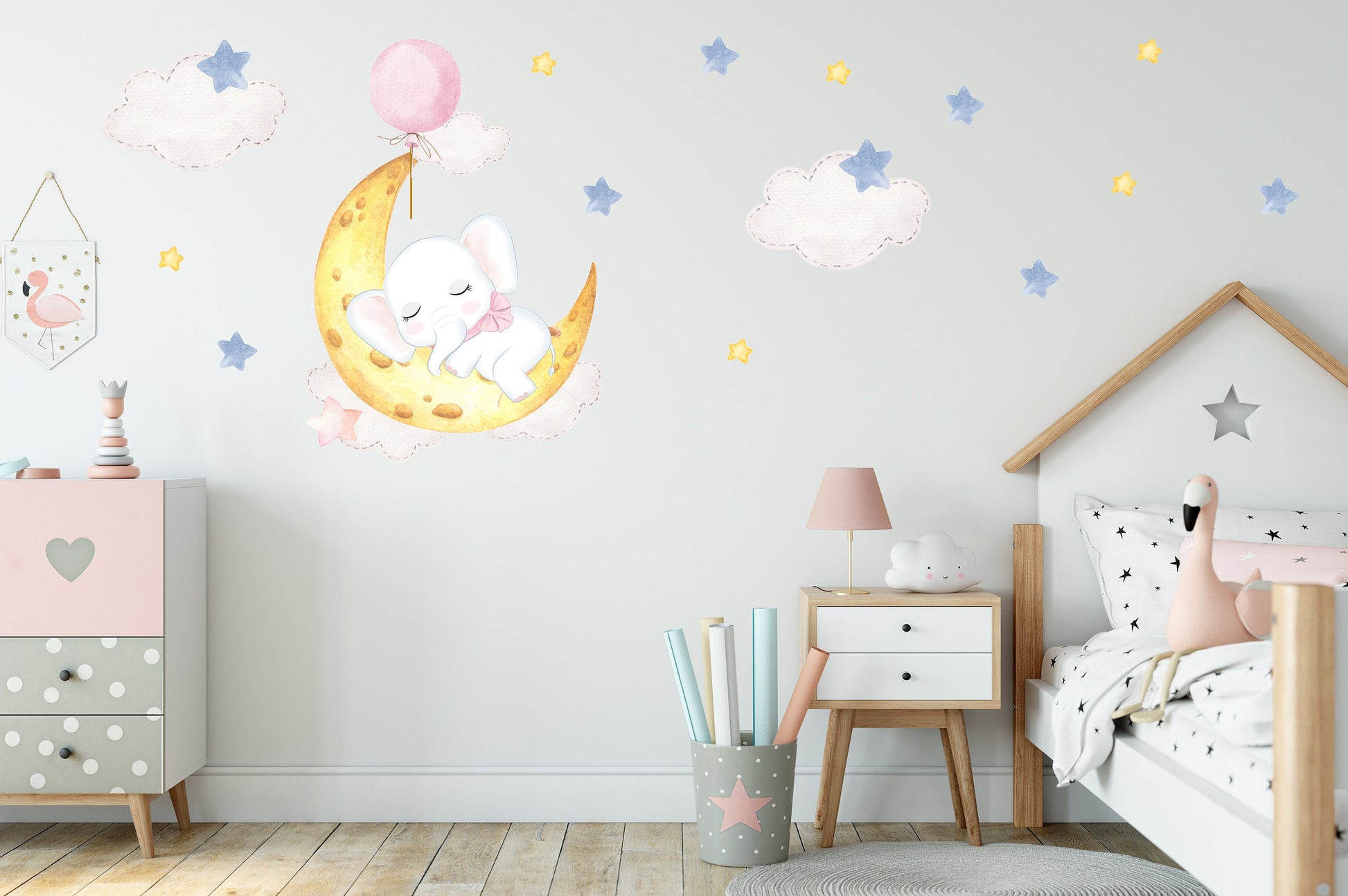 Sleeping Elephant on Moon Wall Sticker, Nursery Wall Stickers, Moon and Stars Wall Decals, Baby Elephant Decoration, Children's Bedroom Art