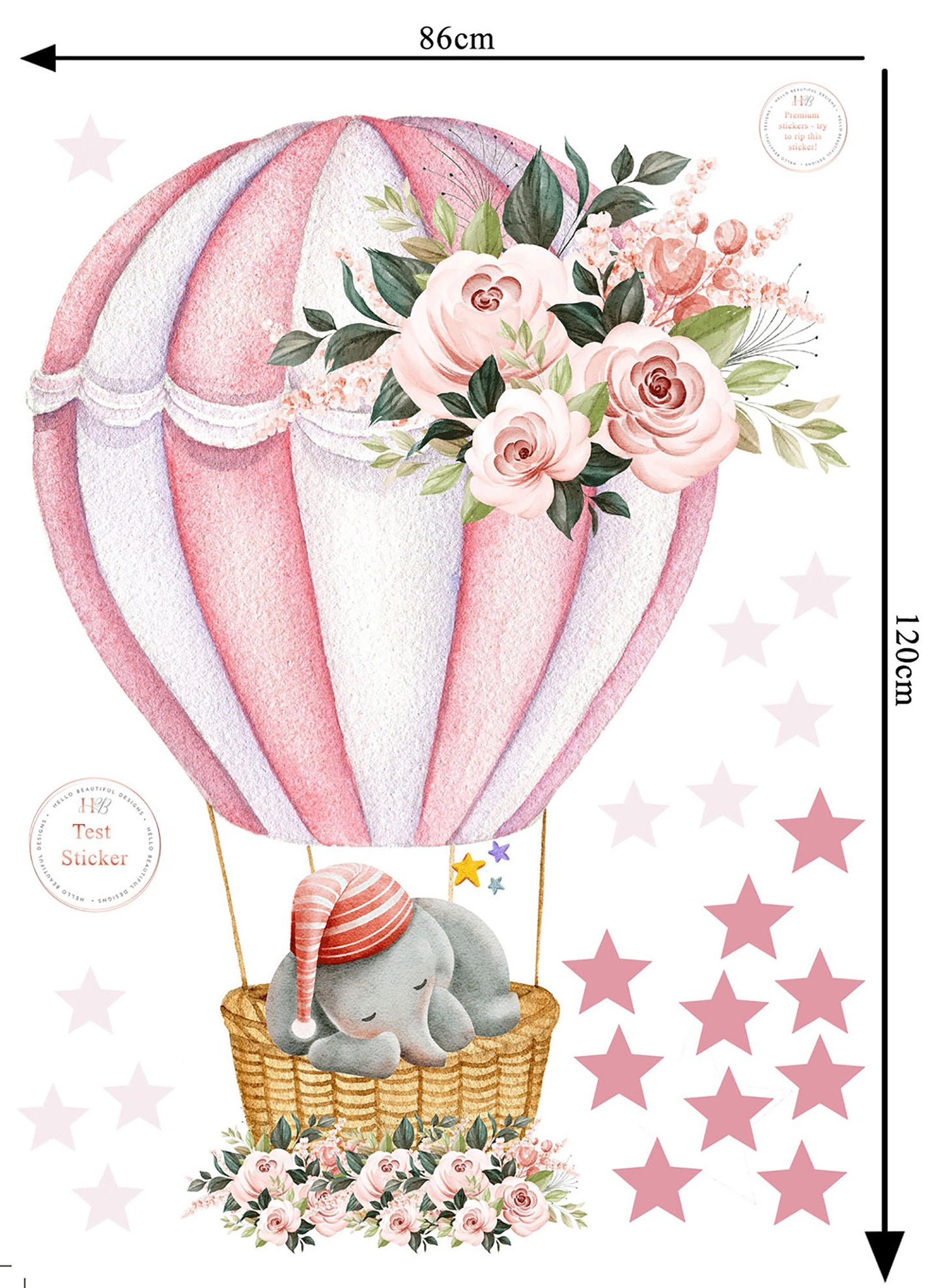 Deluxe Beautiful Sleeping Elephant in Pink Hot Air Balloon with Stars Nursery Wall Stickers