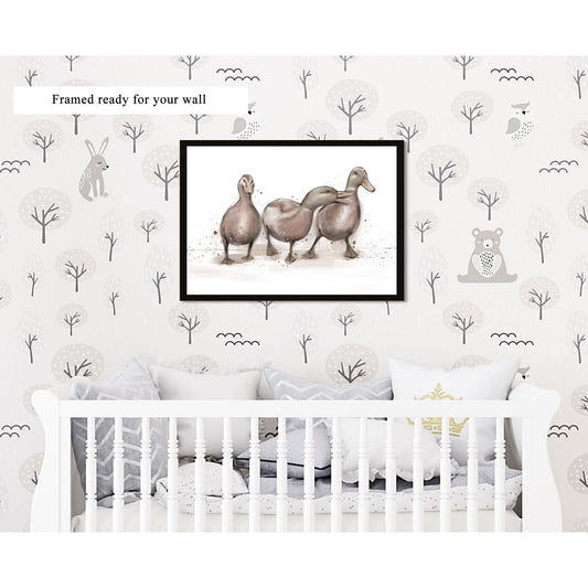 Framed Ducklings Watercolour Artwork - Charming Nursery Wall Decor Cute Child's Room Duck Illustration Adorable Theme Girls Bedroom Print