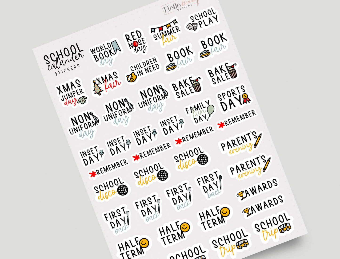 School Calendar Sticker Sheet, School Planner Stickers, Calendar Stickers, School Organisation Stickers, Planner Stickers, School Reminder