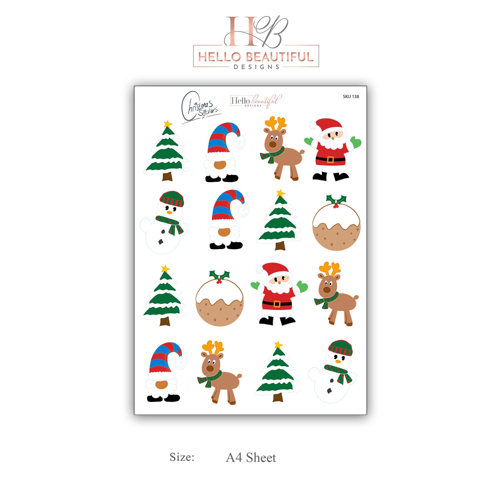 Christmas sticker sheet, Santa, reindeer, snowman, Christmas tree, gonk.