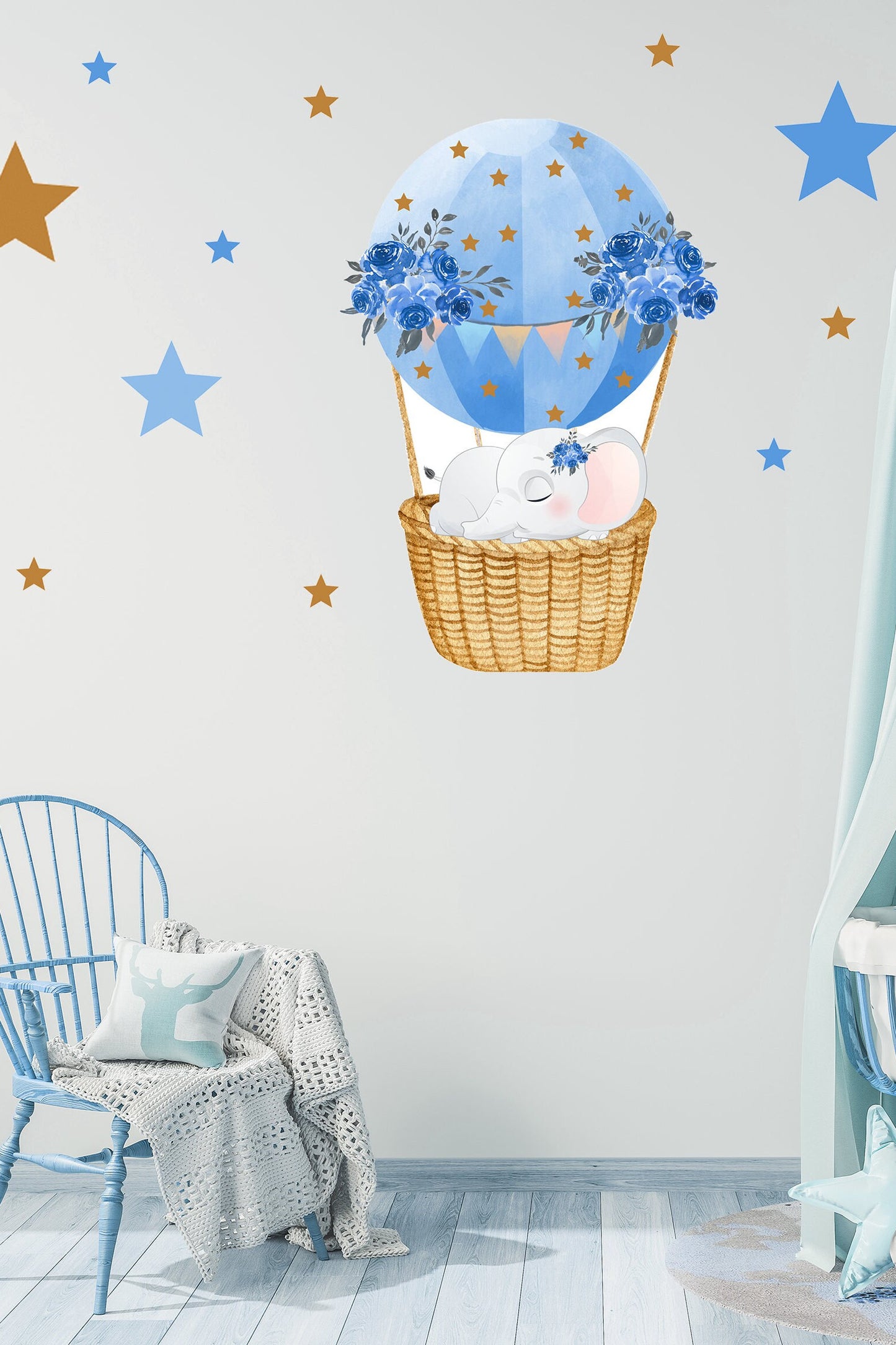 Blue Hot Air Balloon Wall Sticker Sleeping Elephant